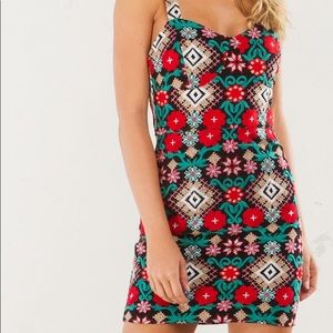 Floral Print Embroidered Sleeveless Mini Dress
